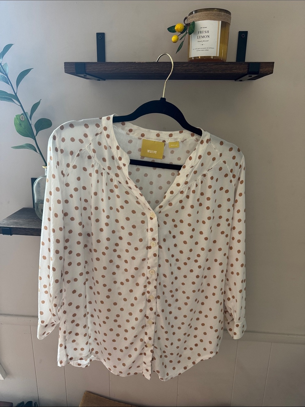 Maeve White Button-Front Polka Dot Blouse Size Medium